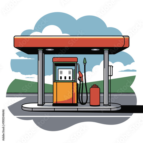 Gas pump station canopy shelters a fuel dispenser beneath clouds and a stylized landscape background.
