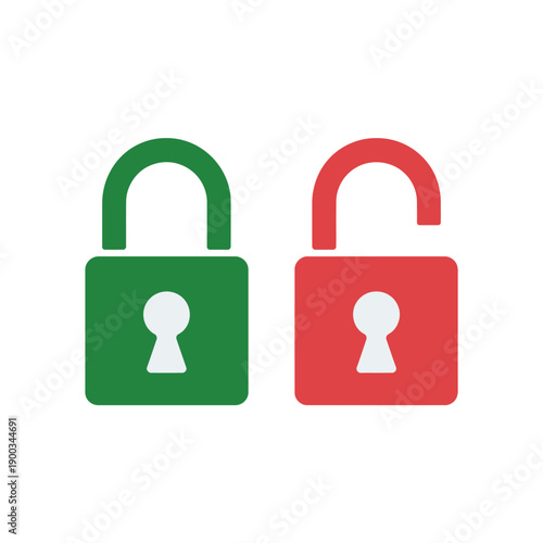 Two simple padlocks, one green and locked, the other red and open, illustrate security status and access.