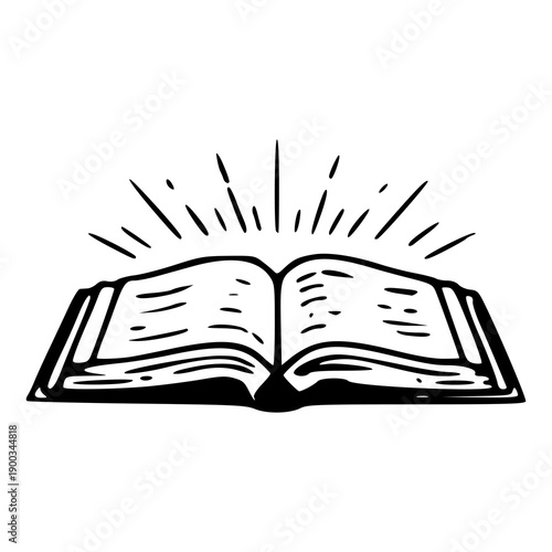 minimalist sketch of an open book or holy bible with shine