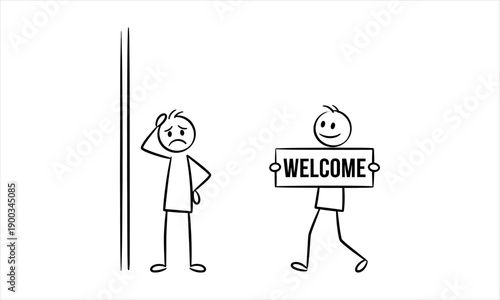 Warm welcome eases anxiety, guiding a stick figure towards a fresh start