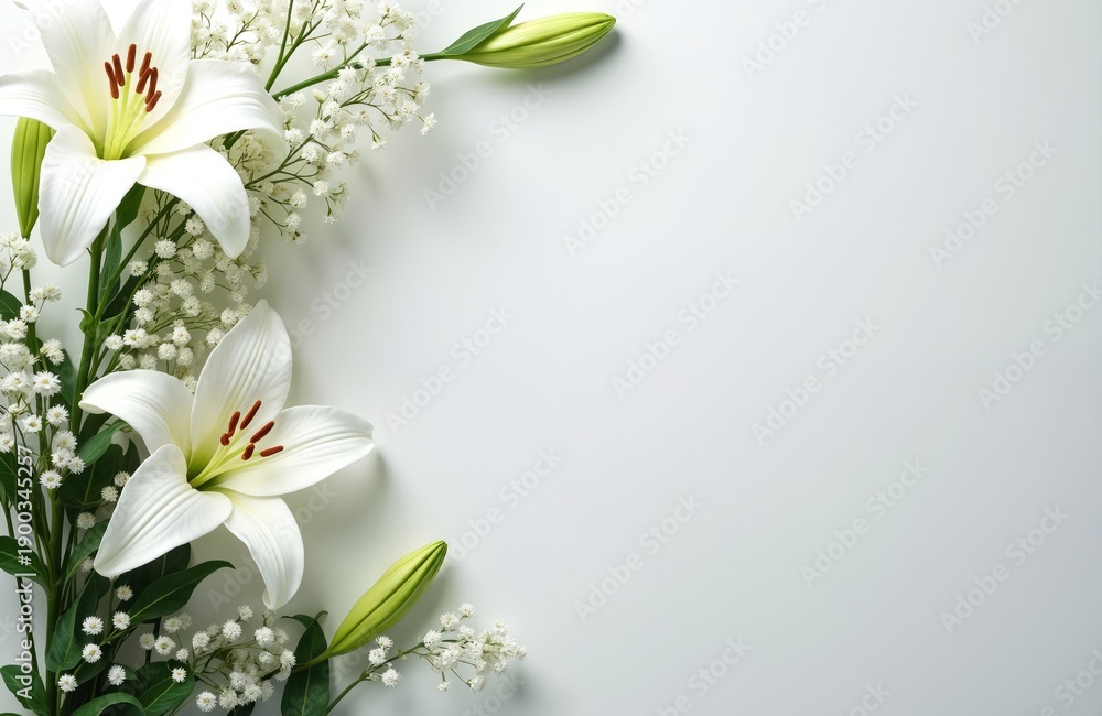 Fototapeta premium White lilies and gypsophila arrangement on white background. Gentle floral design for cards, sympathy, memorials or greetings. Delicate, pure, elegant, and peaceful.