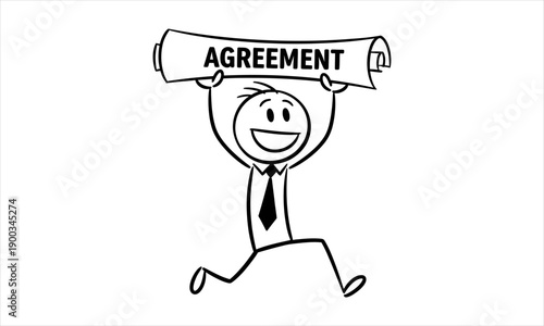 Stick Figure Businessman Running Joyfully Holding a Rolled Up Agreement Document