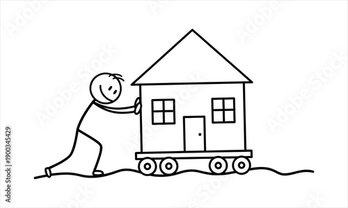 Cartoon Man Pushing Home on Wheels, Depicting Relocation and Residential Change
