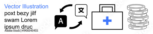 Communication, healthcare, financial technology, translation services, cross-cultural support, emergency solutions. Circular icons with arrows, speech bubbles, medical kit stack of coins