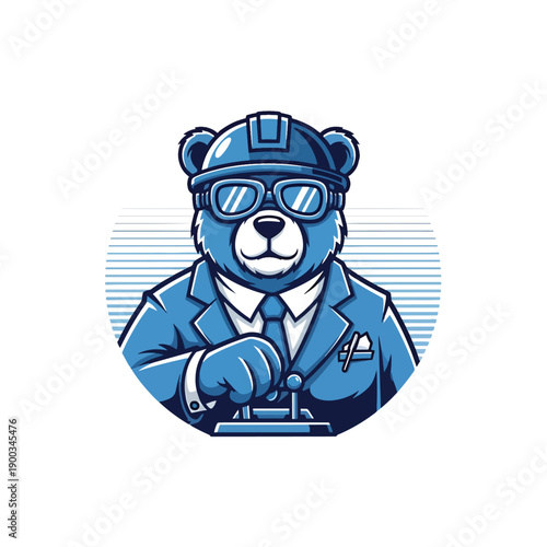 Dedicated Blue Bear Engineer Mascot Operating Industrial Controls Vector Design