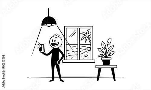Cheerful Stick Figure takes a selfie indoors, dreaming of a sunny tropical beach vacation through a window