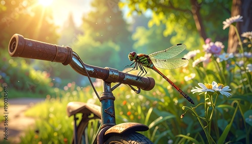 A sun-drenched outdoor scene features a dragonfly perched on an old bicycle handlebar, daisies, and a blurred background
