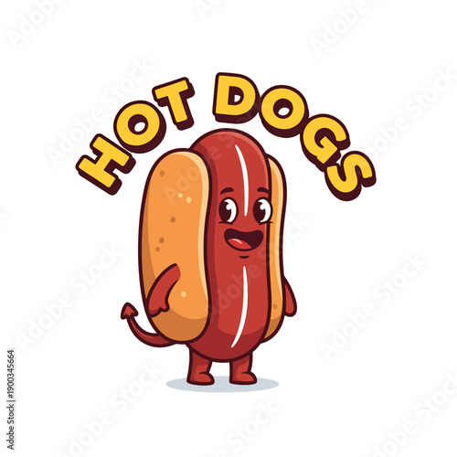 Playful Cartoon Hot Dog Character with Devil Tail Smiling, Presenting