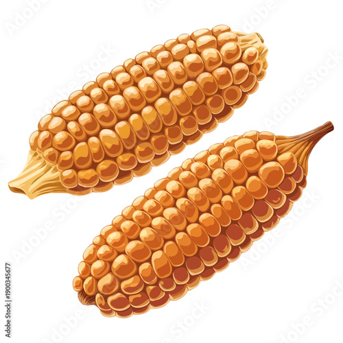 Two golden corn cobs with kernels standing upright on a white background isolated on white background, Vector, illustration