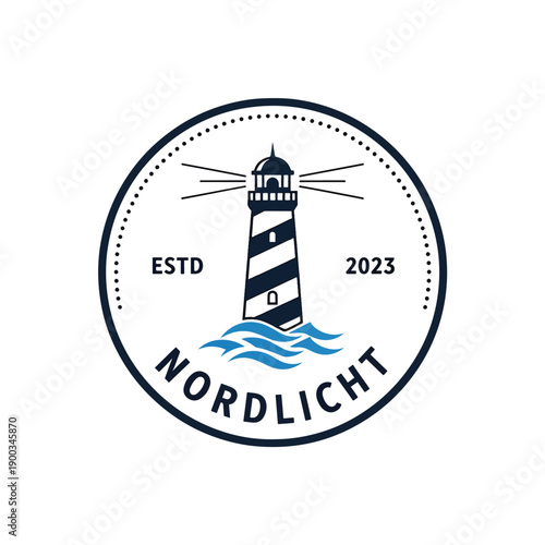 Nautical Lighthouse Emblem with Waves and Text - Classic Marine Vector Illustration