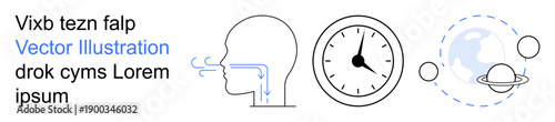 Science education, time management, space exploration, biology learning, respiratory systems, astronomy concepts. Outlined head breathing, clock and orbiting planet. Science education and time