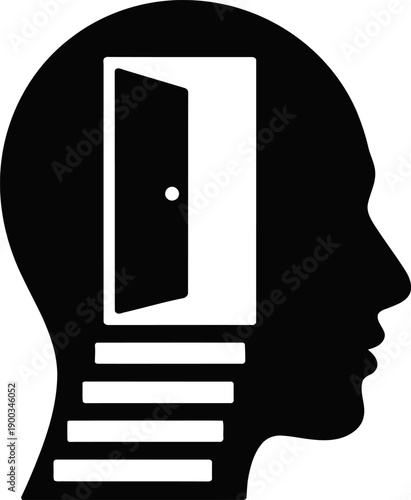 A symbolic representation of the human mind featuring an open door and stairs, suggesting introspection or new opportunities isolated on transparent background, Vector