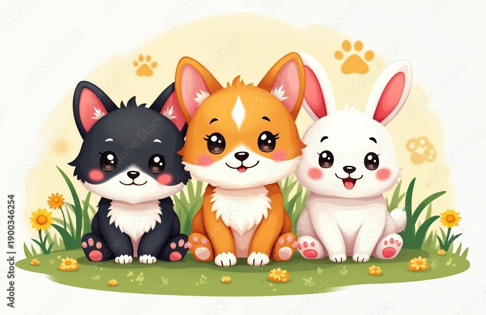 Fototapeta premium Three cute cartoon animals, dog, corgi, bunny, sit together in grassy field with flowers. Paw prints visible in soft yellow background. Friendly group of pets represents companionship, happy times.