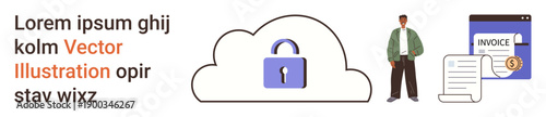 Cybersecurity, online payment, cloud computing, billing systems, data protection, financial management. A padlock in a cloud, a figure and invoices. Cybersecurity and online payment