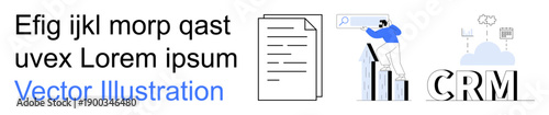 Data analysis, business tools, CRM systems, document organization, cloud storage, strategic planning. A person analyzing data beside charts and documents with CRM and cloud. Data analysis