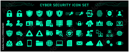 サイバーHUD風 サイバーセキュリティアイコンセット｜黒背景×グリーン