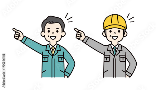 目標に向かって挑戦する、経営者とヘルメットを被った現場作業員のベクターイラスト素材セット