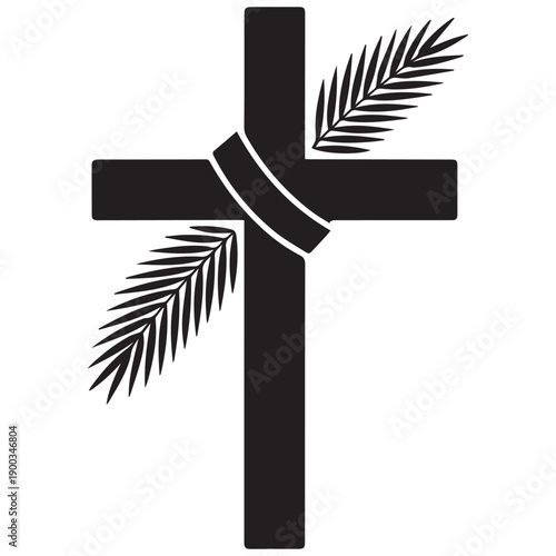 Christian cross adorned with palm leaves and a sash, symbolizing Easter