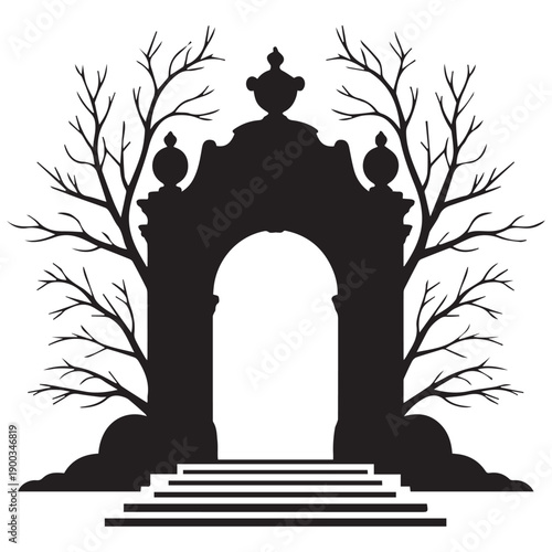Gothic archway with bare branches and weathered stone silhouette