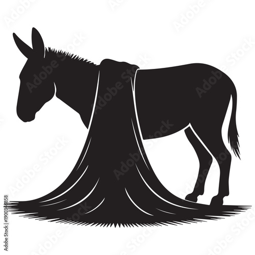 Silhouette of a donkey draped with a flowing cloth