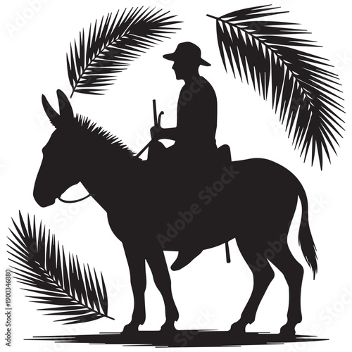 Silhouette of a person riding a donkey with palm leaves, representing travel or vacation