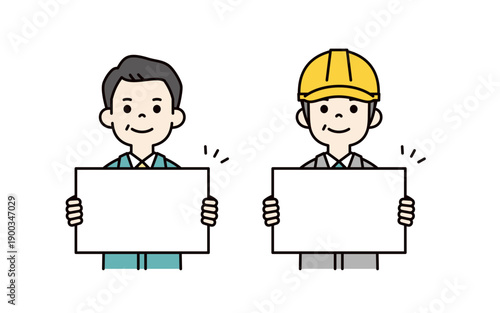 白いフリップを持つ、経営者とヘルメットを被った現場作業員のベクターイラスト素材セット