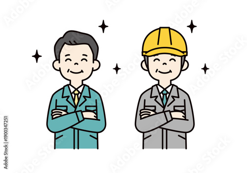 褒める・感心する、社長・経営者とヘルメットをかぶった現場監督のベクターイラスト素材セット