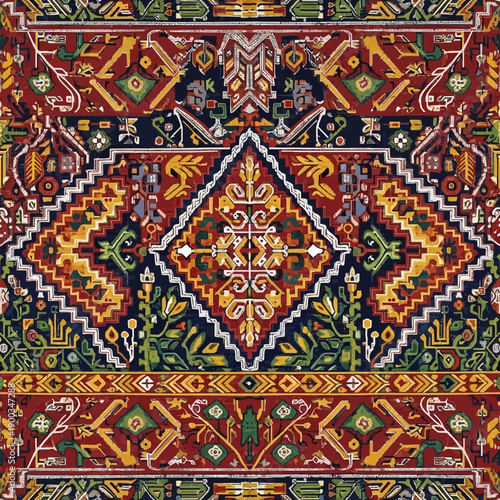 Intricate Persian rug pattern with geometric and floral motifs in red, yellow, and blue.