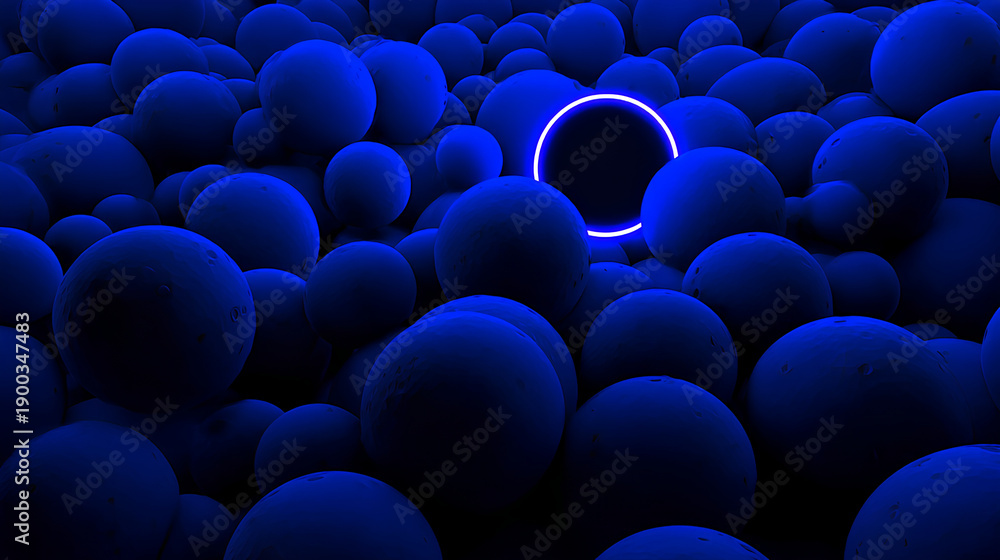 Obraz premium Abstract background with blue neon light glowing amongst the dark spheres, simple geometric wallpaper. Minimalist 3d illustration Stock Illustration
