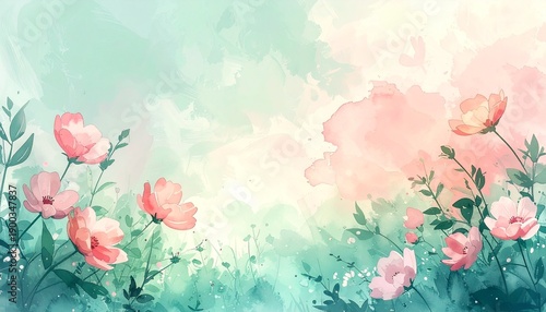 Delicate pink flowers in soft watercolor garden scene