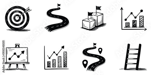 business strategy sketch icon collection black doodle target roadmap and analytics.