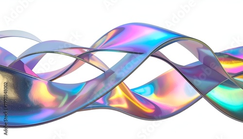 Abstract rendering of fluid ribbons with iridescent surfaces, isolated on white