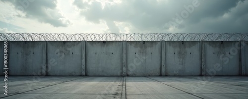 Tall concrete barrier topped with coiled razor wire under a cloudy sky. A stark, forbidding fence demarcates a restricted outdoor area, suggesting confinement and security.