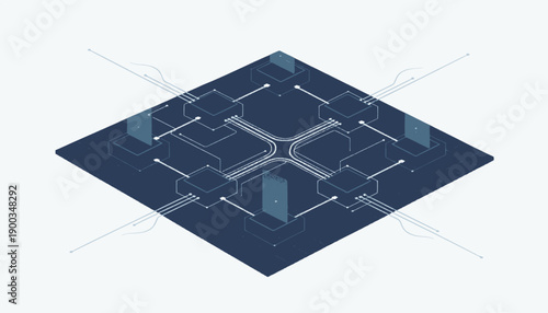 3D rendered circuit board with interconnected components and pathways.