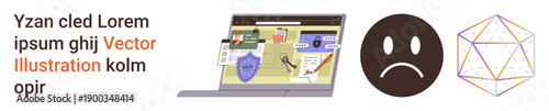 Data security, emotions, conceptual geometry, technology tools, online protection, encryption. Laptop displaying secure online data, sad face geometric wireframe shape. Data security and emotions