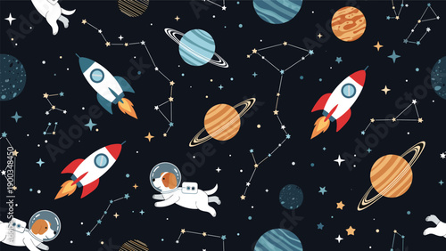 Fun seamless space pattern with rockets planets constellations and cute astronaut dogs floating in the dark starry night sky.