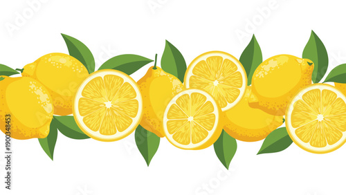 Vibrant border of fresh whole lemons and citrus slices with green leaves arranged horizontally against a white background.