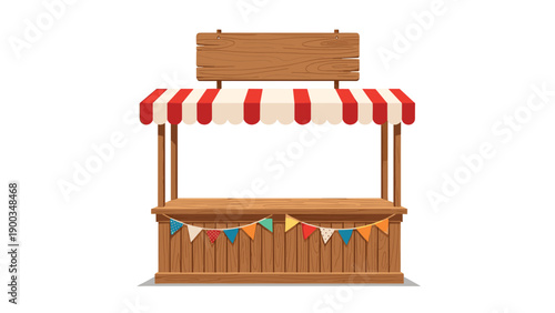 Empty wooden market stall or fair booth with a red and white striped awning and colorful bunting flags on white background.
