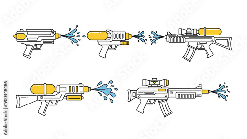 Set of five different water gun designs including pistols and rifles shooting water splashes isolated on a white background.