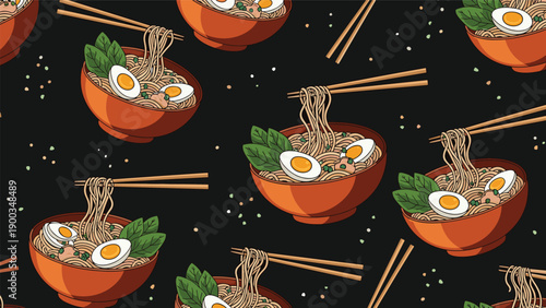 Delicious seamless pattern background featuring bowls of ramen with noodles eggs and green leaves on a dark backdrop.