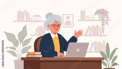 Senior woman with grey hair sitting at a desk and using a laptop in a bright home office filled with books and indoor plants.