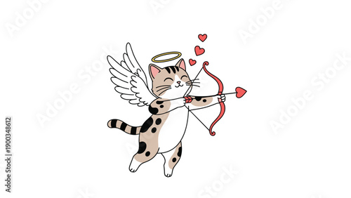 Adorable spotted cat character dressed as cupid with wings a halo and a bow and arrow shooting hearts for love.