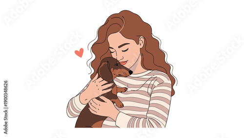 Heartwarming illustration of a young woman with long wavy hair hugging her small dachshund dog with a heart icon.