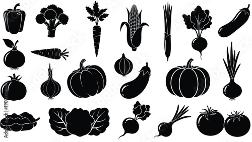 Collection of black silhouette icons representing various fresh vegetables including pumpkin, carrot, onion, and bell pepper.
