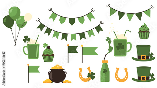 Festive St Patricks Day collection featuring green beer mugs, cupcakes, hats, balloons, and pots of gold icons on white.