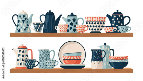 Wooden shelves displaying a colorful collection of decorative teapots, cups, and bowls with diverse geometric and floral patterns.