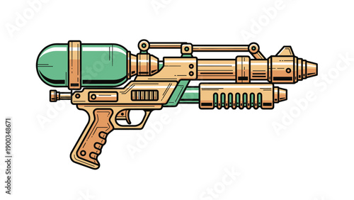 Detailed sci-fi water gun illustration with a futuristic design, featuring metallic textures and a green liquid reservoir.
