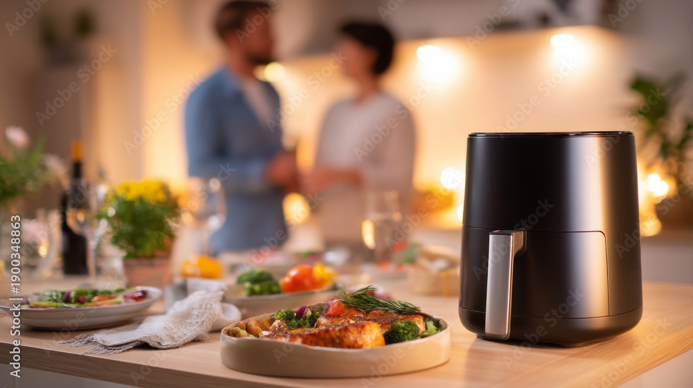 Naklejka premium Modern air fryer appliance on kitchen countertop, helping a couple prepare a healthy dinner with salmon and vegetables