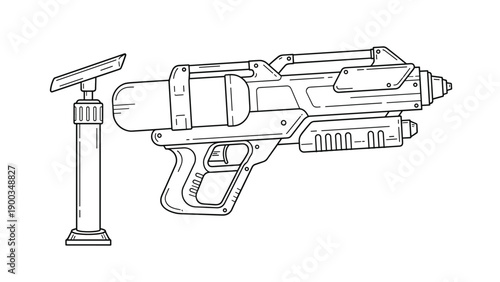 Line drawing of a sci-fi water gun blaster with an accompanying hand pump, featuring technical details and outlines.