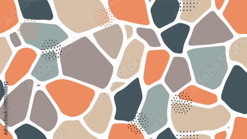 Abstract seamless pattern of irregular stone shapes in earth tones like terracotta, sage, and charcoal with dot accents.